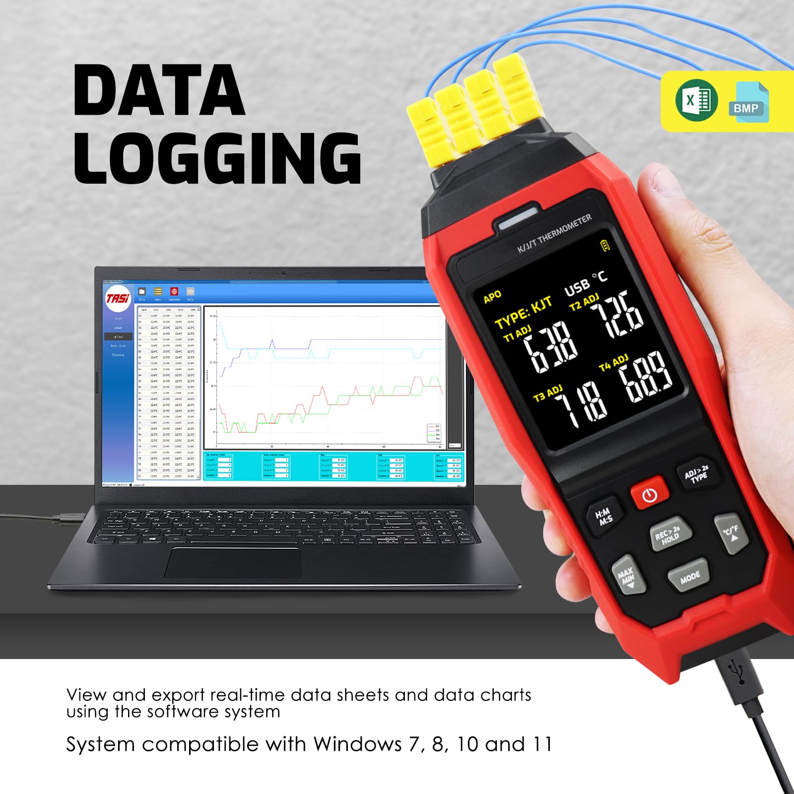 4-Channel Thermocouple Thermometer Data Logger K/J/T Type, -328